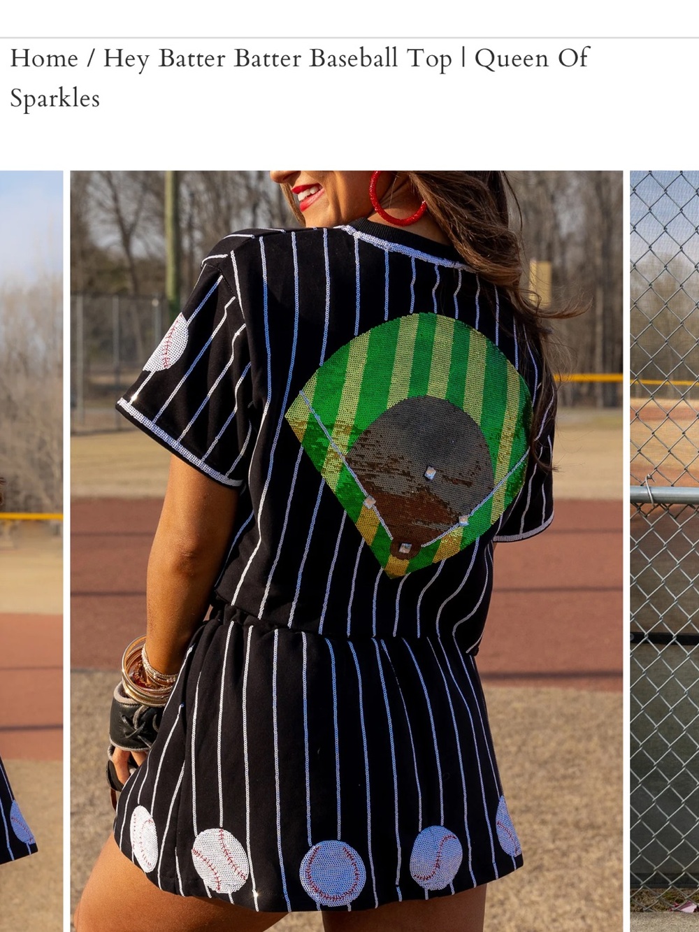 QUEEN OF SPARKLES Black Pinstripe Baseball Tee with Green Field Graphic